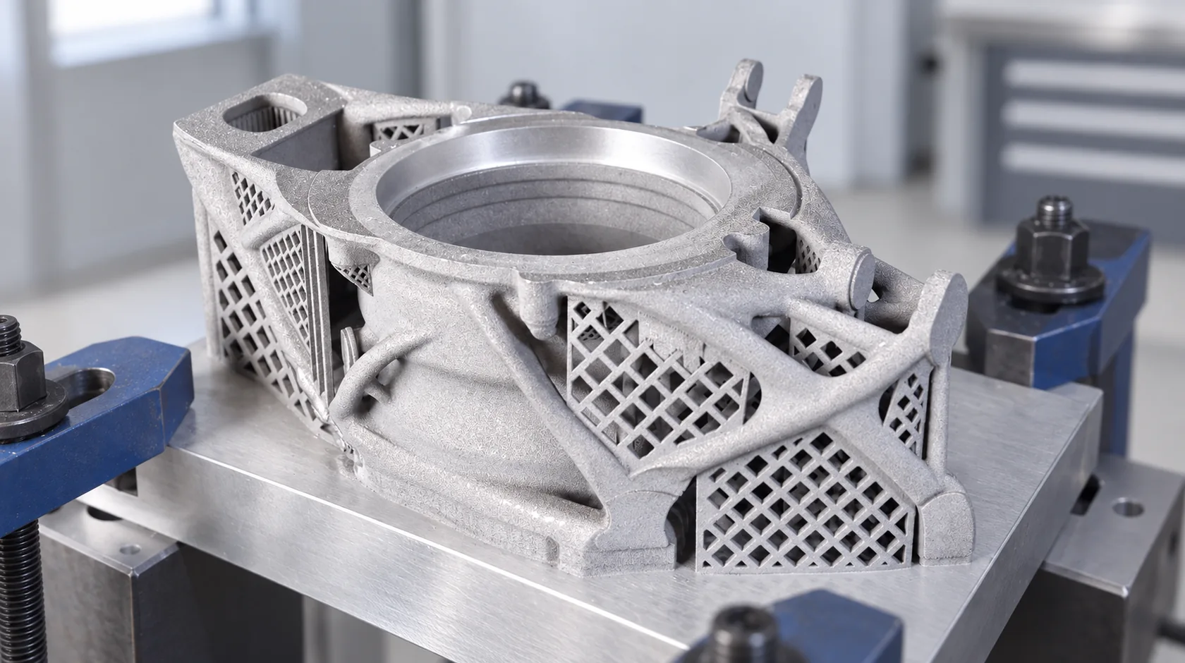 Корпус из алюминиевого сплава после 3D-печати SLM на платформе с решётчатыми поддержками